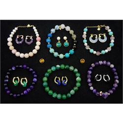 Collection of silver and silver-gilt gemstone jewellery including seven pairs pf earrings and six bracelets, set with rose quartz, amethyst, amazonite, malachite, pearl and lapis lazuli