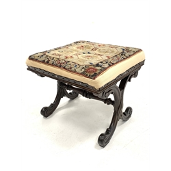 19th century rosewood upholstered footstool, scrolled 'X' frame base with stretcher, together with a pine footstool with needlework upholstered top 