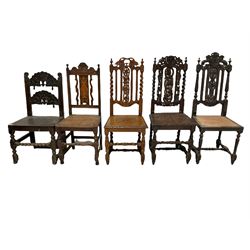 Five oak hall chairs of various designs