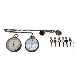 Gentleman's Victorian silver pocket watch with white dial and subsidiary seconds dial in silver case Chester 1893 with silver watch chain hung with a swivel seal and fob and various watch keys, and a compensated pocket barometer by Knott & Co., Liverpool (2)