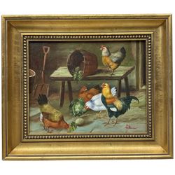 Salemica (British 20th century): Chickens in Farmstead Kitchen, oil on canvas signed 19cm x 24cm 
