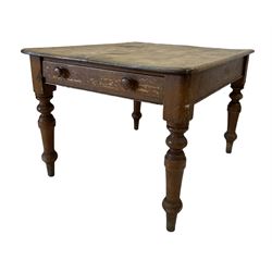 Victorian pine kitchen table, with one frieze drawer, raised on turned supports 