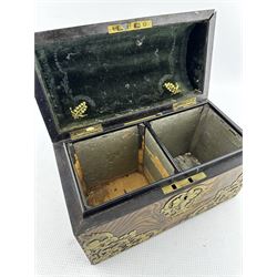 Victorian ash dome top tea caddy, with engraved brass mounts and handle, the hinged lid opening to reveal two compartments, lacking covers, L22.5cm x H16cm