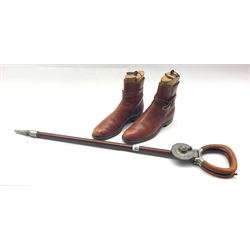 Pair of tan leather boots and wooden tree inserts, together with a shooting stick
