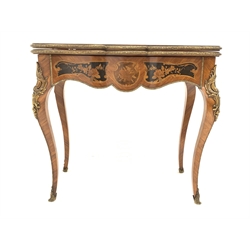  19th century French kingwood marquetry games table, the serpentine floral inlaid fold over revolving top revealing baize lined playing surface, shaped apron and slender cabriole supports with ormolu mounts, W87cm, H78cm, D45cm  