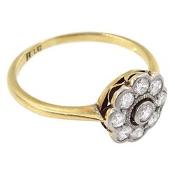 Gold milgrain set old cut diamond flower head cluster ring, stamped 18ct
