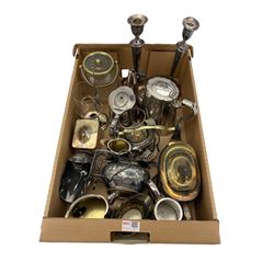 Pair of Adams style silver-plated candlesticks, Victorian plated tea sets, Old Sheffield plate tea caddy etc in one box
