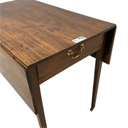 George III mahogany Pembroke table, rectangular drop-leaf top, fitted with two drawers, on square tapering supports with brass castors