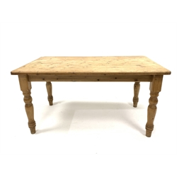 Victorian style pine kitchen dining table, rectangular top raised on turned supports, 153cm x 91cm, H76cm
