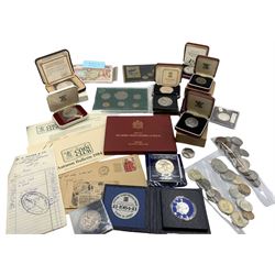 Great British and World coins, including Queen Victoria 1890 crown, King George VI Festival of Britain crown, Mauritius 1978 sterling silver proof twenty five rupees cased with certificate, Bahamas 1978 commemorative ten dollars silver coin cased,   various Isle of Man etc, housed in a shallow cash tin