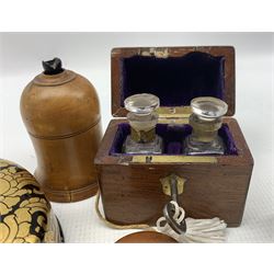 Mahogany and brass scent caddy with lined interior containing two bottles of scent by Lescol, with treen items including string box with finial cutter, turned desk seal , black lacquer coaster set, etc (6)