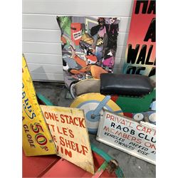 Fairground Ephemera - various painted wood and tin signs, together with a child's painted wooden rocking motor bike and similar two seat swing 