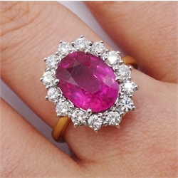 18ct gold pink sapphire and diamond cluster ring, hallmarked, sapphire approx 3.10 carat