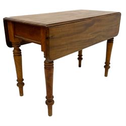 Victorian mahogany Pembroke table, rectangular top with rounded corners and moulded edge, fitted with single frieze drawer and false drawer, raised on turned tapering supports