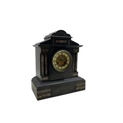 A 19th century Belgium slate clock with an architectural pediment and contrasting marble inlay. 8-day striking movement striking the hours and half hours on a coiled gong. No pendulum or key.  




