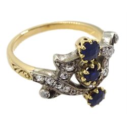 Art Nouveau sapphire and diamond openwork ring, the shank with engraved scroll decoration