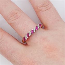 18ct gold baguette cut ruby and round brilliant cut diamond ring, hallmarked