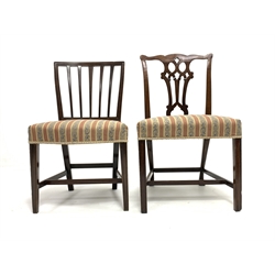 Georgian mahogany chair, shaped cresting rail over pierced splat, moulded supports joined by stretchers, together with a 19th century mahogany chair, both upholstered in striped fabric