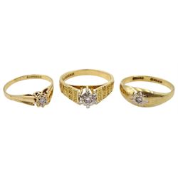 Three 9ct gold single stone diamond chip rings, all hallmarked