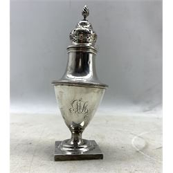 George III silver cream jug with embossed flowers, angular handle and ball feet Exeter 1818 Maker Simon Levy and a late Victorian silver vase shape sugar caster Chester 1899 8.3oz