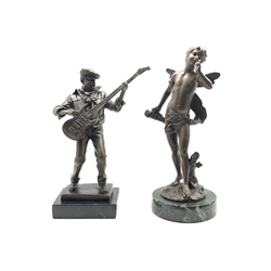 20th century bronze figure of a man playing the electric guitar, signed V. Bizard together with another bronze study of a fairy, signed Bosiee H32cm (2)