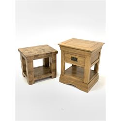 Contemporary oak bedside table fitted with one drawer (W50cm) and a hardwood lamp table raised on square supports united by under tier (W48cm)