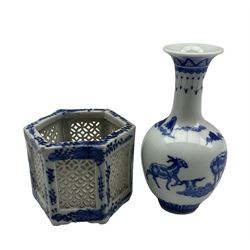 20th century hexagonal Chinese brush pot with pierced sides together with another vase with blue and white pattern