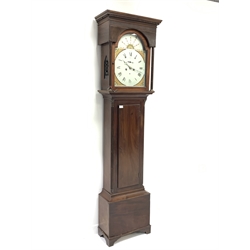 Early to mid 19th century mahogany longcase clock, dentil cornice over fluted frieze and arched door, water leaf capped reeded pilasters under, white enamel and gilt painted dial with Roman and Arabic chapter ring and subsidiary seconds dial, indistinctly signed 'Robertson, Glasgow' eight day movement striking hammer on bell