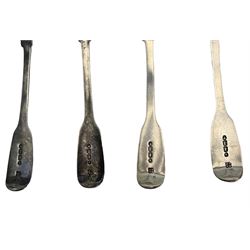 Set of eight Victorian silver fiddle pattern teaspoons engraved with initial London 1856 Maker Samuel Hayne & Dudley Cater and one other teaspoon