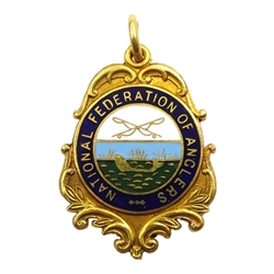 9ct gold and enamel 'National Federation of Anglers' presentation medallion, makers mark HM, Birmingham 1957, approx 18.5gm