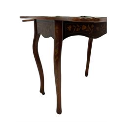 19th century Dutch marquetry inlaid card table, the shaped fold-over swivel top inlaid with ribbon bow and intertwined foliate, shaped front and side rails inlaid with flowers, on cabriole supports