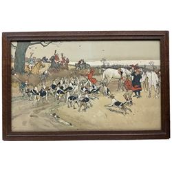 Cecil Aldin (British 1870-1935): 'The Death' 'Breaking Cover' and 'Hunt Supper', set three chromolithographs 37cm x 60cm - part of the Fallowfield Hunt series