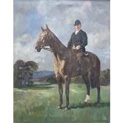 H Harris (British early 20th century): Mounted Jockey on Chestnut Horse, oil on canvas signed 49cm x 39cm