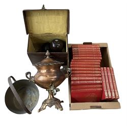 Set of four Tyrolite bowls, brass preserve pan, twin handled copper tea urn by T. Purdon and a set of Children's Britannica books