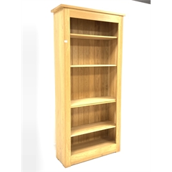 Contemporary solid oak open bookcase, with five adjustable shelves, W97cm, H200cm, D34cm