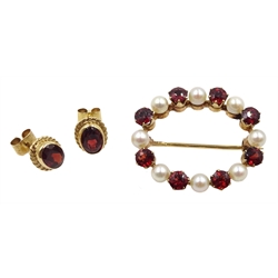  Gold garnet and pearl brooch and pair of garnet stud earrings, both hallmarked 9ct  