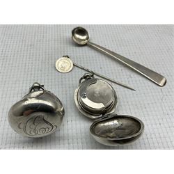 Victorian silver sovereign case, Chester 1889 together with a similar Edwardian example, a stick pin with Charles II silver 1682 two pence terminal, and a George III silver condiment spoon with coin bowl
