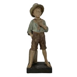 J. Mercadier for Goldscheider, large terracotta figure of a young boy standing barefoot by a sign, on rectangular base signed 'Mercadier', applied makers marks and impressed 'Reproduction Reservee', H61cm x W21cm 