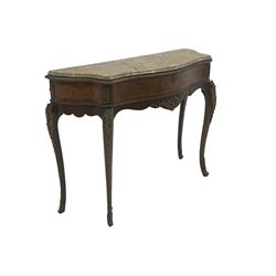 Mid 20th century French style walnut and mahogany veneered console table, the serpentine moulded marble top over frieze drawer with floral marquetry, shaped apron, raised on cabriole supports with brass mounts W120cm, H87cm, D42cm