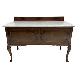 Early 20th century mahogany washstand, the raised back and marble top over two cupboard doors, raised on cabriole supports W122cm, H86cm, D54cm 