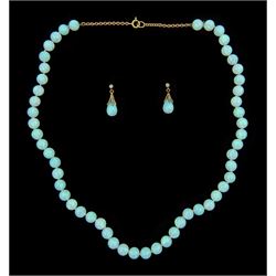 Synthetic opal bead necklace, knotted to a belcher chain, together with a pair of synthetic opal and diamond pendant earrings, opal drops suspended from diamond set mounts to single stone diamond studs (2)