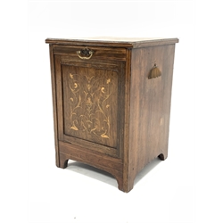 Late Victorian rosewood coal perdonium, the top with inlaid boxwood stringing over fall front with floral marquetry, W36cm