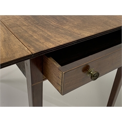 George III mahogany Pembroke table, rounded rectangular drop leaf top with reeded edge moulding, single drawer to one end with ebony and boxwood stringing, square tapering supports with scratch mould, 87cm x 55cm, H72cm