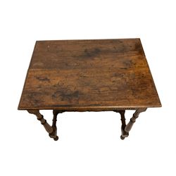 18th century side table, moulded rectangular top over reverse arcade carved frieze drawer, raised on turned supports with ring turned stretcher 
