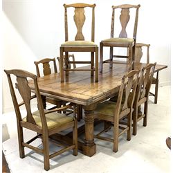 Traditional light oak refectory dining table, extending with drawer leaf action, on turned supports joined by H shaped moulded stretchers (H75cm, L183cm - 275cm x 112cm), and set eight oak dining chairs with vase shaped splat backs and upholstered drop in seats