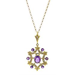 Edwardian gold amethyst and seed pearl pendant/brooch, stamped 9ct, on later 9ct gold link chain necklace, hallmarked