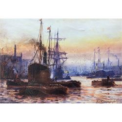 After Frank William Scarborough (British fl. 1896-1939): 'Sunset Pool With London' framed print of sunset harbour scene 17cm x 25cm