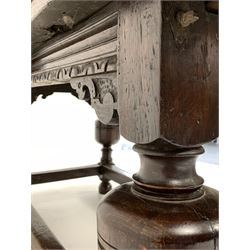 17th century and later oak duo draw leaf refectory table, the panelled rectangular top over moulded frieze and scroll carved brackets, raised on baluster turned supports united by moulded stretchers 149cm x 79cm, H77cm
