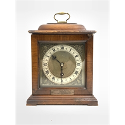 Smiths walnut cased walnut mantel / presentation clock, silvered dial with gilt metal spandrels, platform balance movement - with key
