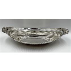 Edwardian silver oval fruit dish with pierced border, scroll moulded handles and gadrooned sides L32cm Sheffield 1905 Maker Walker & Hall 10.9oz 